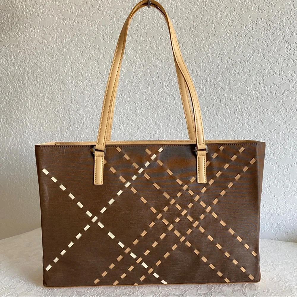 Burberry Brown Tote with Tan Strap and Plaid Cutout Detail